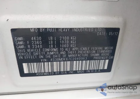 2012 Subaru Legacy 3.6R Limited из США, поврежденный, VIN 4S3BMDK67C2040963